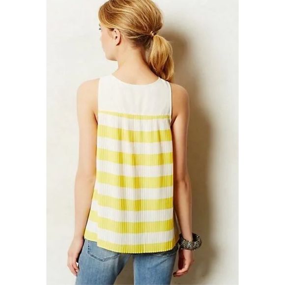 Anthropologie Maeve Citron Pleated Tank Top Yellow White Blouse - Picture 2 of 5